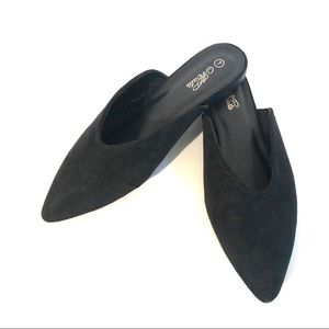 Black faux suede mule flats with pointy closed toe